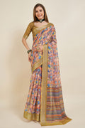 Multi Color Linen Blend Saree With Blouse Piece