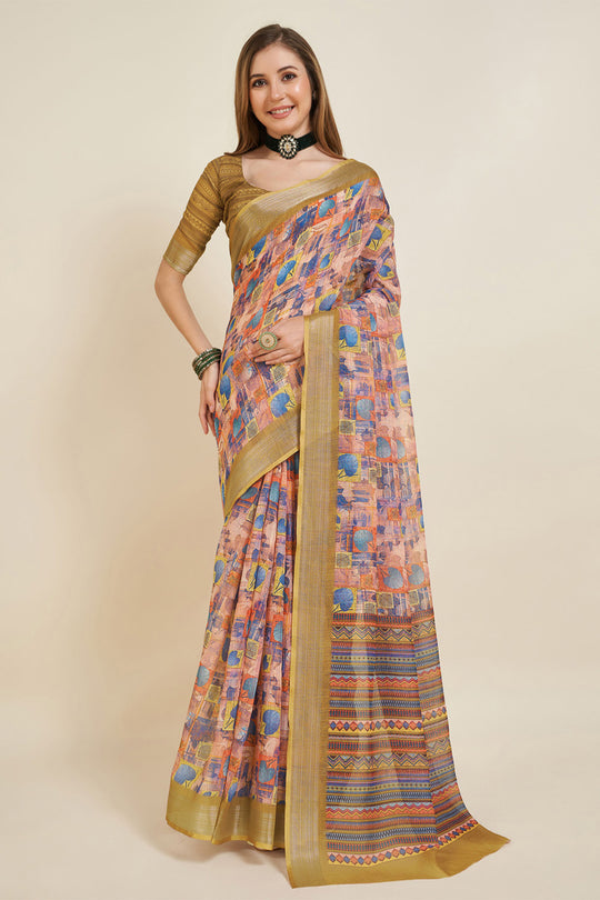 Multi Color Linen Blend Saree With Blouse Piece