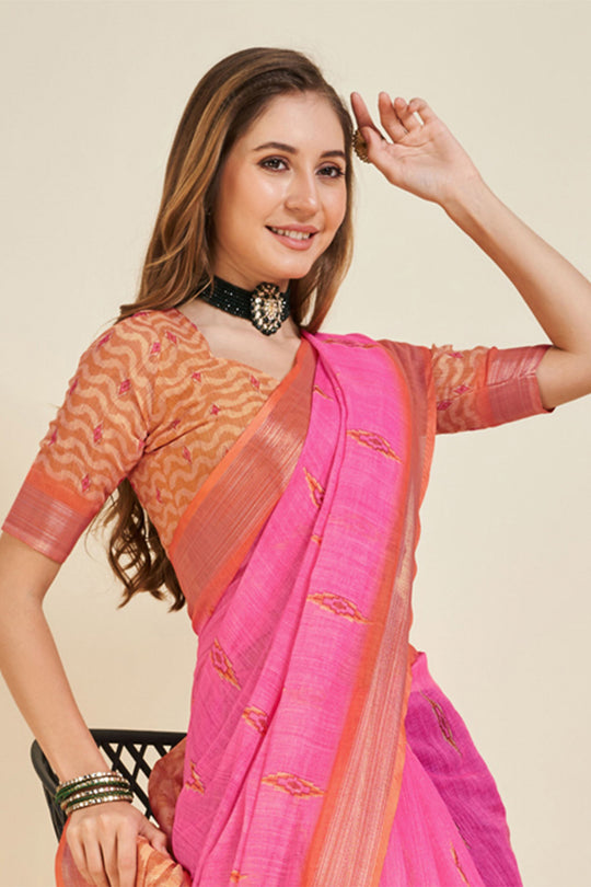 Pink Linen Blend Saree With Blouse Piece