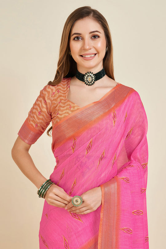 Pink Linen Blend Saree With Blouse Piece