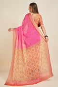 Pink Linen Blend Saree With Blouse Piece
