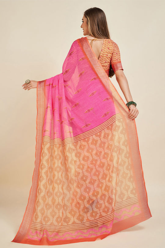 Pink Linen Blend Saree With Blouse Piece