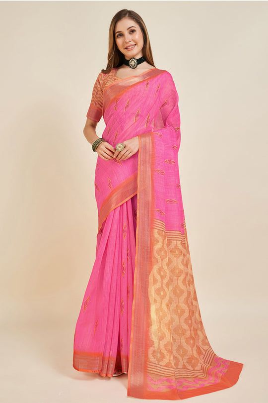 Pink Linen Blend Saree With Blouse Piece