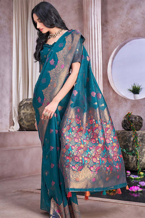 Teal Blue Linen Blend Saree