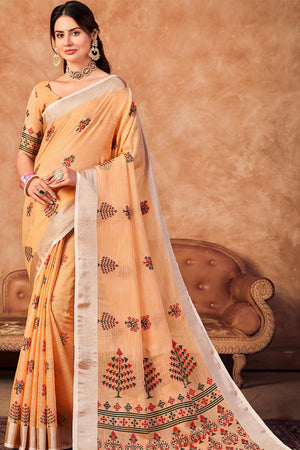 Cantaloupe Peach Linen Blend Saree