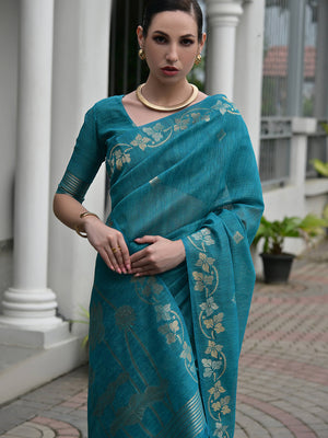 Firozi Linen Silk Saree With Blouse Piece