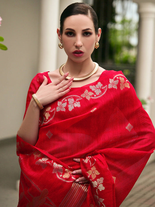 Red Linen Silk Saree With Blouse Piece