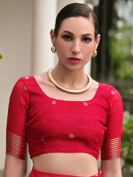 Red Linen Silk Saree With Blouse Piece