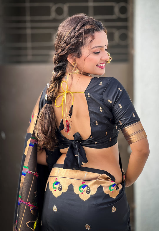 Black Banarasi Silk Blend Saree With Blouse Piece
