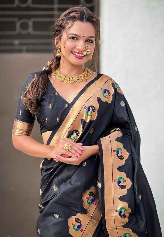 Black Banarasi Silk Blend Saree With Blouse Piece