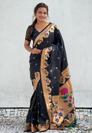 Black Banarasi Silk Blend Saree With Blouse Piece