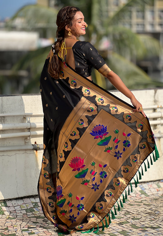 Black Banarasi Silk Blend Saree With Blouse Piece