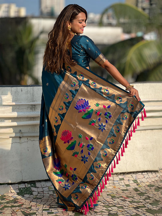 Rama Banarasi Silk Blend Saree With Blouse Piece