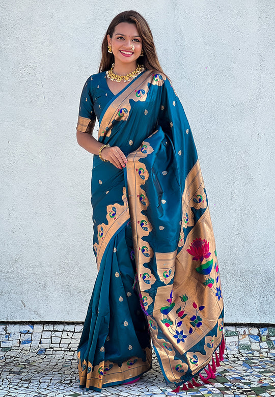 Rama Banarasi Silk Blend Saree With Blouse Piece
