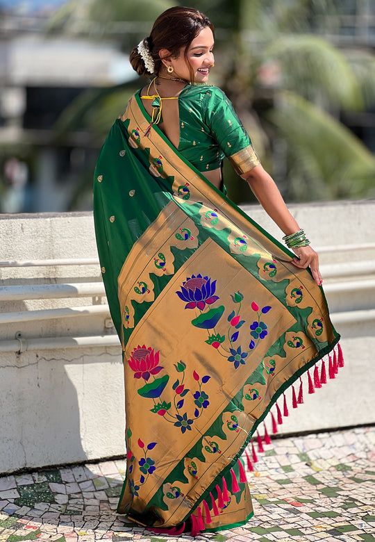 Green Banarasi Silk Blend Saree With Blouse Piece