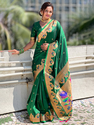 Green Banarasi Silk Blend Saree With Blouse Piece