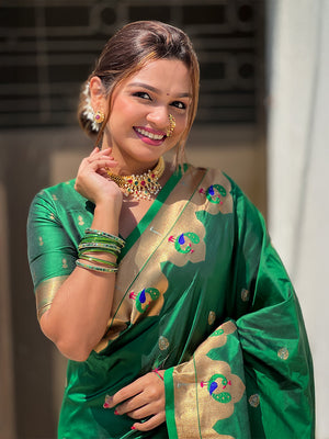 Green Banarasi Silk Blend Saree With Blouse Piece