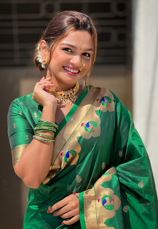 Green Banarasi Silk Blend Saree With Blouse Piece