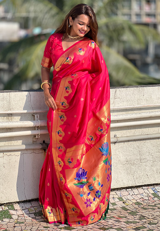 Pink Banarasi Silk Blend Saree With Blouse Piece