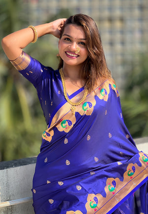 Blue Banarasi Silk Blend Saree With Blouse Piece