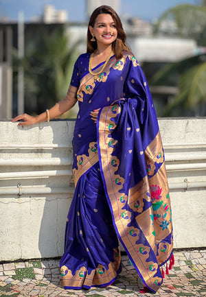 Blue Banarasi Silk Blend Saree With Blouse Piece