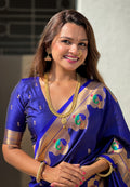Blue Banarasi Silk Blend Saree With Blouse Piece