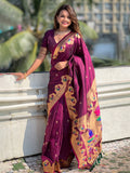 Wine Banarasi Silk Blend Saree With Blouse Piece