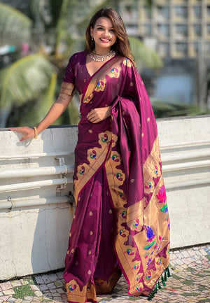 Wine Banarasi Silk Blend Saree With Blouse Piece