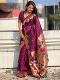 Wine Banarasi Silk Blend Saree With Blouse Piece