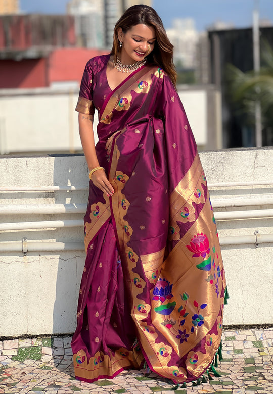 Wine Banarasi Silk Blend Saree With Blouse Piece