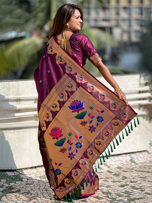 Wine Banarasi Silk Blend Saree With Blouse Piece