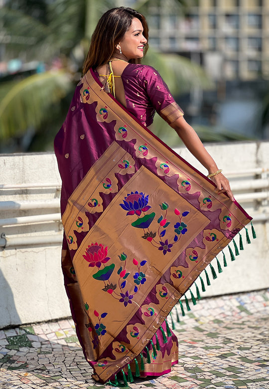 Wine Banarasi Silk Blend Saree With Blouse Piece