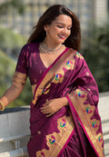 Wine Banarasi Silk Blend Saree With Blouse Piece