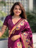 Wine Banarasi Silk Blend Saree With Blouse Piece