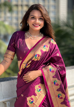 Wine Banarasi Silk Blend Saree With Blouse Piece