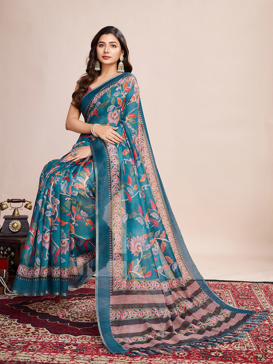 Light Blue Linen Blend Saree With Blouse Piece