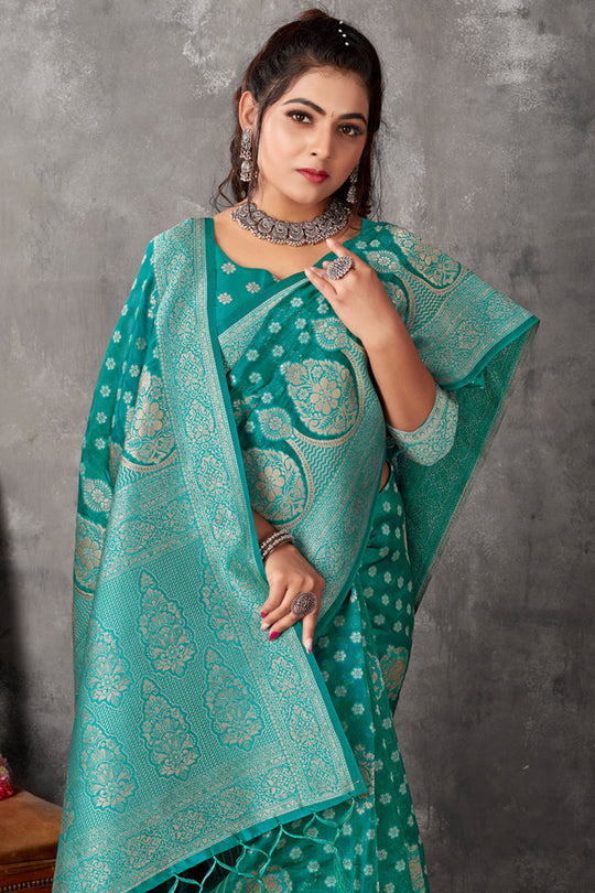 Ocean Blue Organza Saree