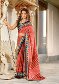 Pink Pure Mulmul Cotton Ikkat Hand Block Print Saree With Blouse Piece