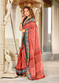 Pink Pure Mulmul Cotton Ikkat Hand Block Print Saree With Blouse Piece