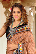 Orange Pure Mulmul Cotton Ikkat Hand Block Print Saree With Blouse Piece