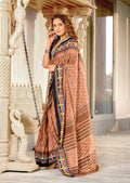 Orange Pure Mulmul Cotton Ikkat Hand Block Print Saree With Blouse Piece