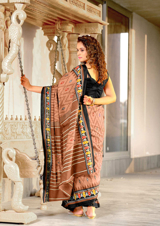 Orange Pure Mulmul Cotton Ikkat Hand Block Print Saree With Blouse Piece