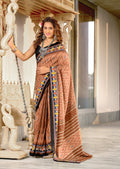 Orange Pure Mulmul Cotton Ikkat Hand Block Print Saree With Blouse Piece