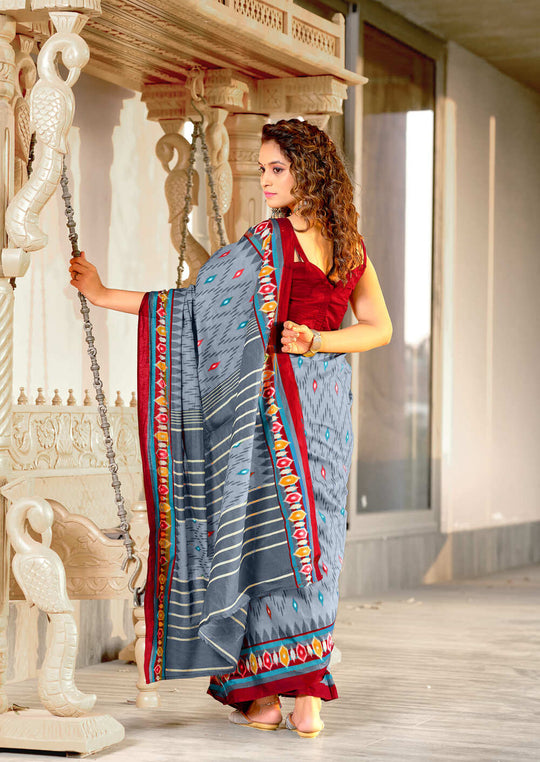 Grey Pure Mulmul Cotton Ikkat Hand Block Print Saree With Blouse Piece