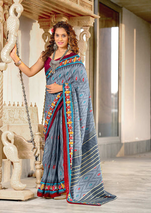 Grey Pure Mulmul Cotton Ikkat Hand Block Print Saree With Blouse Piece