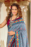 Grey Pure Mulmul Cotton Ikkat Hand Block Print Saree With Blouse Piece