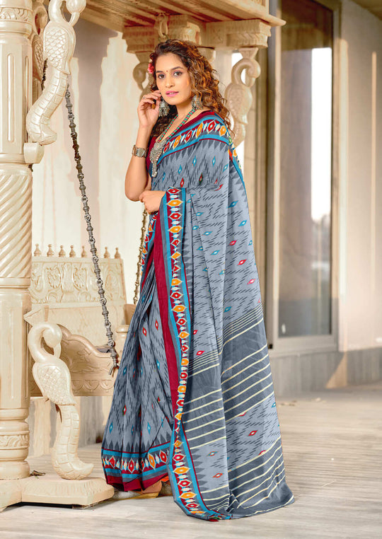 Grey Pure Mulmul Cotton Ikkat Hand Block Print Saree With Blouse Piece