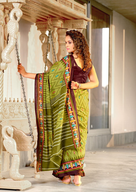 Lime Green Pure Mulmul Cotton Ikkat Hand Block Print Saree With Blouse Piece