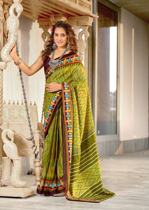 Lime Green Pure Mulmul Cotton Ikkat Hand Block Print Saree With Blouse Piece