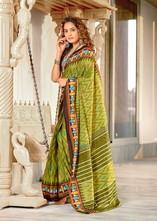 Lime Green Pure Mulmul Cotton Ikkat Hand Block Print Saree With Blouse Piece